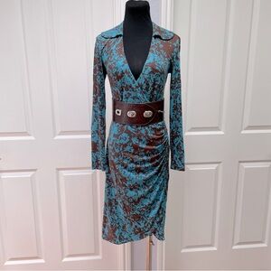 Louis Verdad Dress, Comes with brown wide leather belt, Small, Blue & Brown